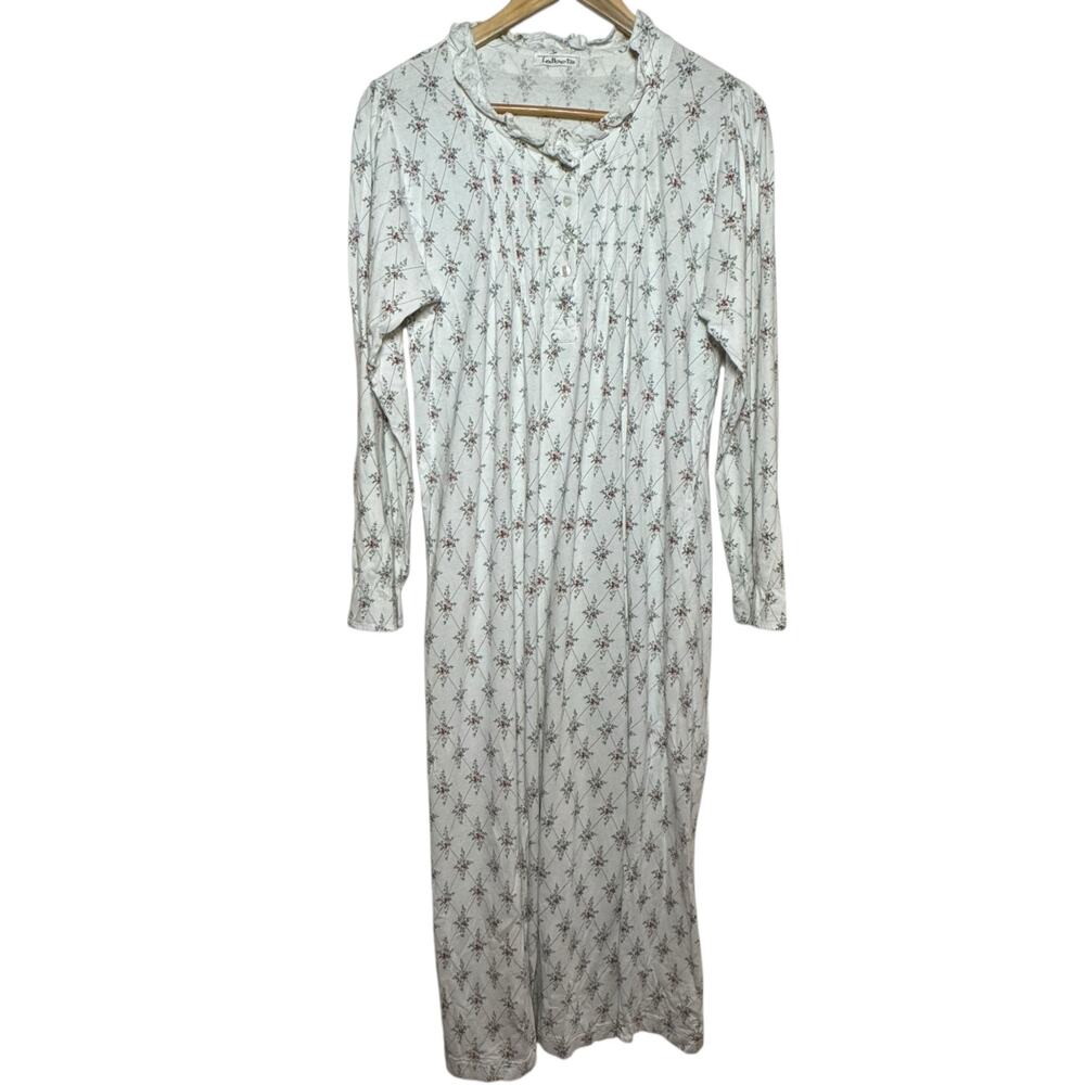 Vintage Talbots Floral Print Ruffle Neckline Button Front Pleated Nightgown